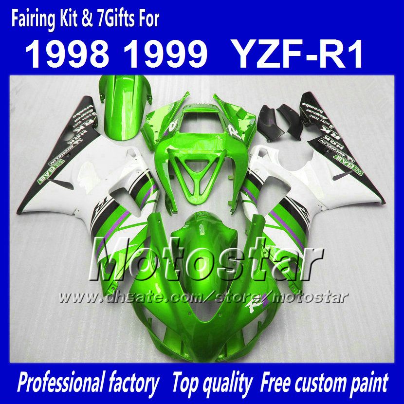 7 cadeaux carénages de carrosserie personnalisés pour YAMAHA 1998 1999 YZF-R1 98 99 YZF R1 YZFR1000 carénage ABS vert blanc NN19