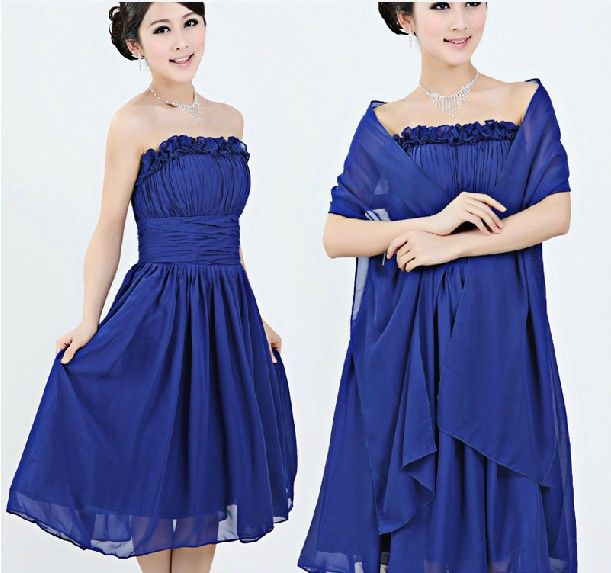 New Fashion Elegent Strapless Chiffon Hand Made Flower Ruffle A-Line Knee Length Mother of the Bride Dresses with a Wraps