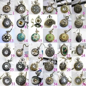 Free ship 30pcs/lot big 47mm mixed design Fashion Bronze tower pendant Women Mens pocket watch Free Long Necklace Gift