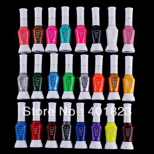 24pcs / lot 24 Colors 2-Way Dail Art Glit Makeup Polish Nail Art Stripper Pen +Farnish Brush Set