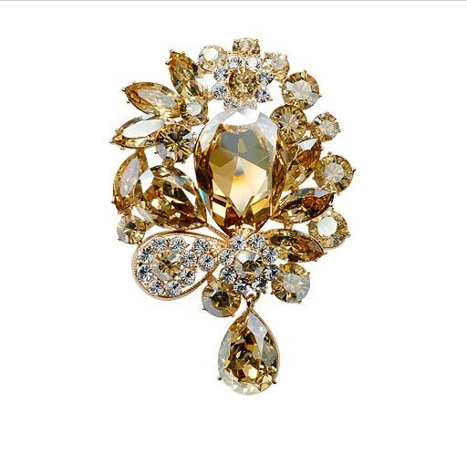 3" Gold Plated Large Champagne Crystal Rhinestone Diamante Luxury Wedding Bridal Drop Brooch Women Jewelry Accessory