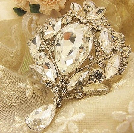 Silverpläterad Stor Klar Rhinstone Crystal Water Drop Sparkly Bridal Pin Brosch