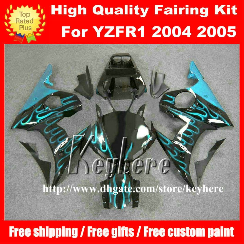 Gratis 7 geschenken aangepaste ABS Plastic Fairing Kit voor Yamaha YZF R6 2005 YZFR6 05 YZF600R-ballen G8N Lichtblauwe vlammen Zwarte motorfiets carrosserie