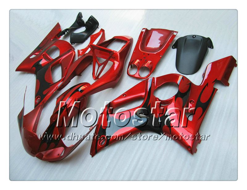 Carenagem bodykit para YAMAHA YZF-R6 1998 2001 2002 YZFR6 YZF R6 YZF600 chama preta em carenagens vermelhas brilhantes conjunto com 7 presentes PP90