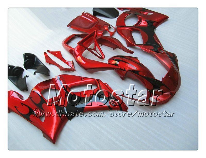 Yamaha YZF-R6 1998 2001 2002 YZFR6 YZF R6 YZF600 Glossy Red Fairings에서 7 Gifts PP90의 검은 불꽃을위한 페어링 바디 키트