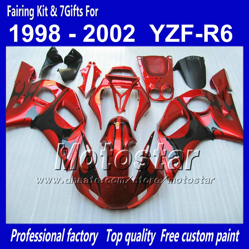 Fairing Bodykit لـ Yamaha YZF-R6 1998 2001 2002 YZFR6 YZF R6 YZF600 Black Flame in Glossy Red Fairings with 7 Gifts Pp90