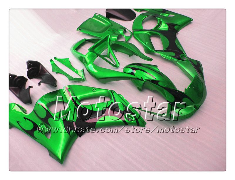 Kuiken Body Kit voor Yamaha YZF-R6 1998 2002 YZFR6 YZF R6 YZF600 Zwarte vlam in glanzende groene kabelset met 7 geschenken PP92