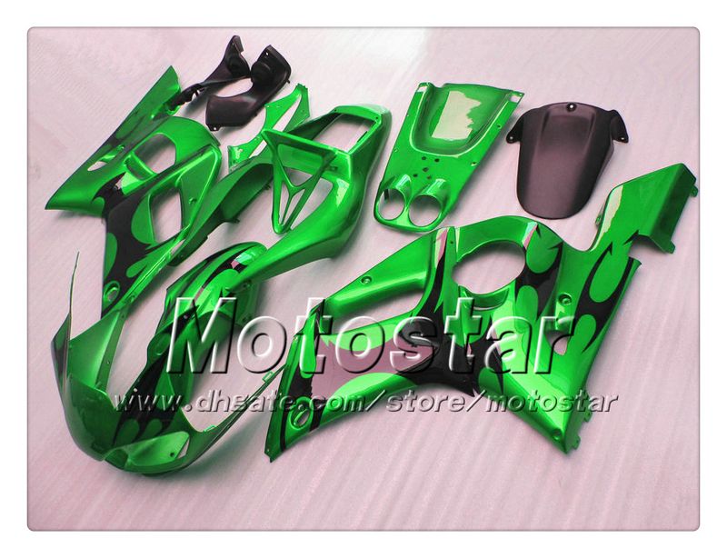 Fairing body kit for YAMAHA YZF-R6 1998 2002 YZFR6 YZF R6 YZF600 black flame in glossy green fairings set with 7 gifts PP92