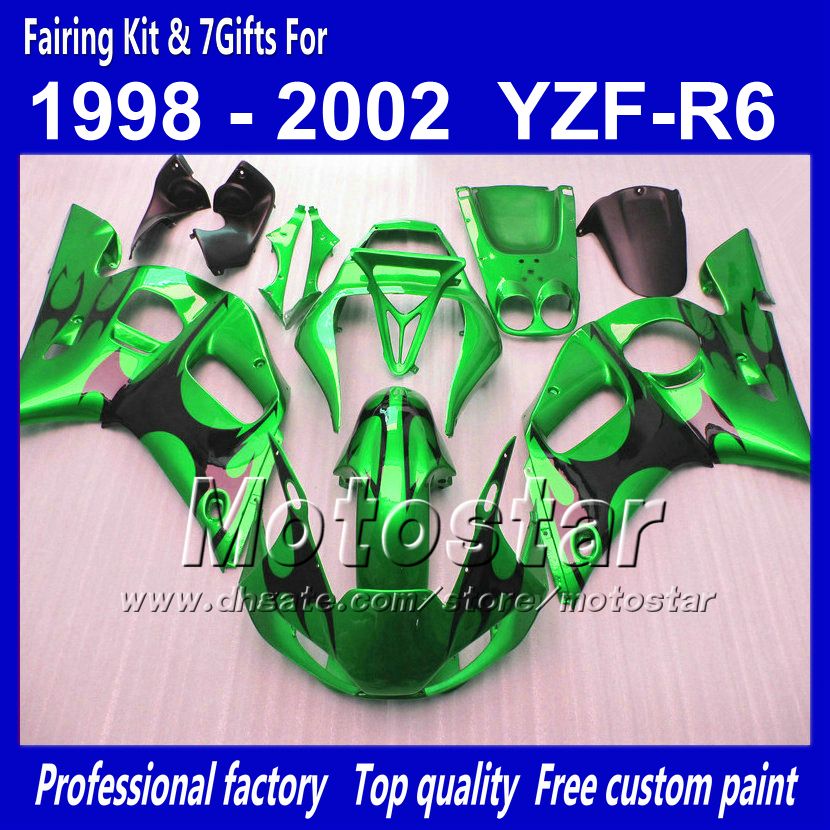 Kit corpo carenatura per YAMAHA YZF-R6 1998 2002 YZFR6 YZF R6 YZF600 fiamma nera in carenature verde lucido set con 7 regali PP92