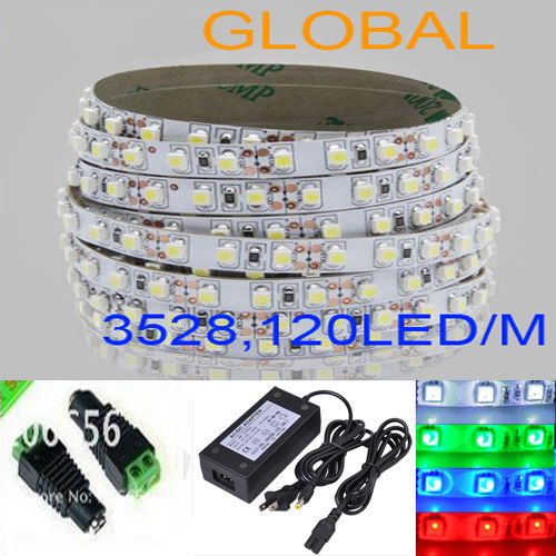 Blauw Wit Rood Warm LED Strip Light 5m 3528 SMD Flexibel Niet-waterdicht 600 LED's 2500 Lumen met Connector met 4A Power Supply via DHL