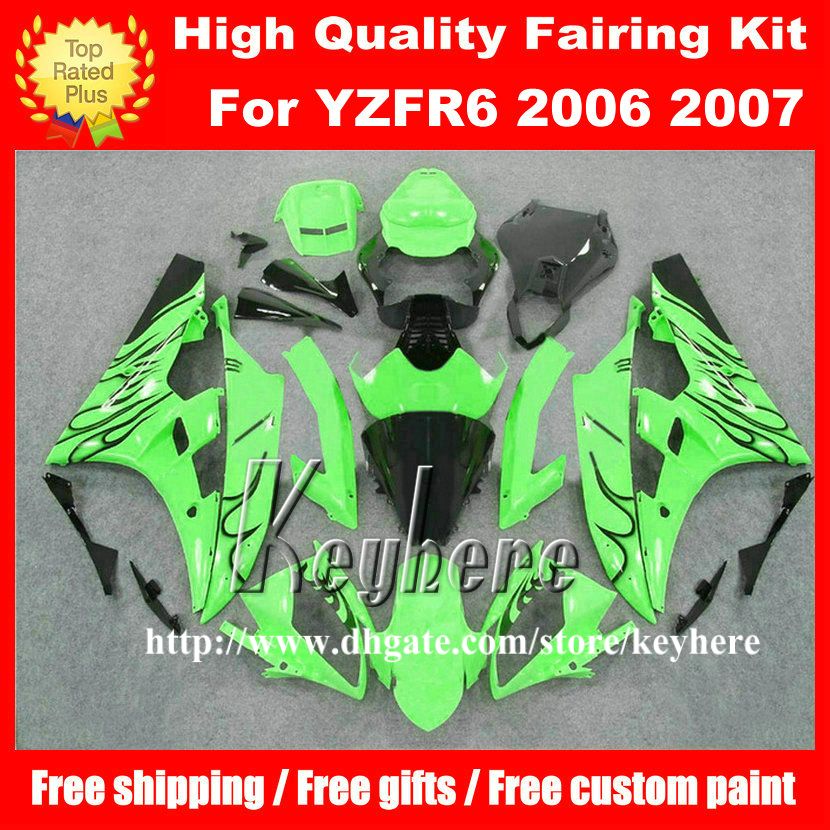 7 regali gratuiti Kit carenatura corsa personalizzata per YAMAHA YZFR6 2006 2007 YZF R6 YZF600R 06 07 carenature g4m fiamme nere in carrozzeria moto verde