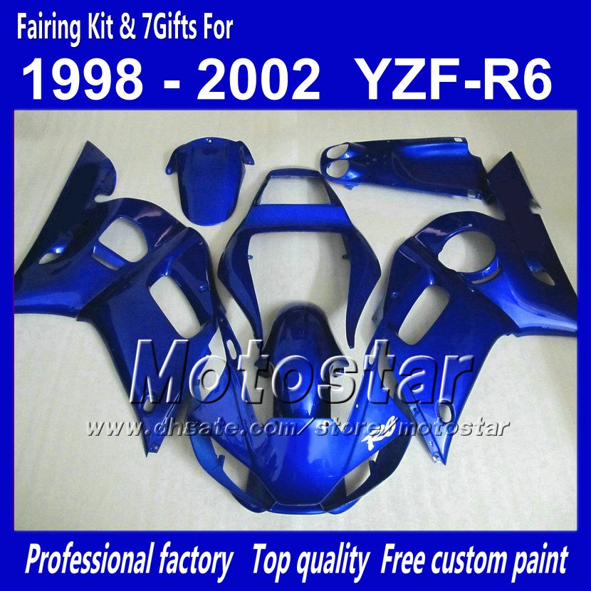 YAMAHA YZF-R6 용 페어링 바디 키트 1998 1999 2000 2001 2002 YZFR6 YZF R6 YZF600 7gifts QQ35로 장식 된 모든 광택 블루 페어링