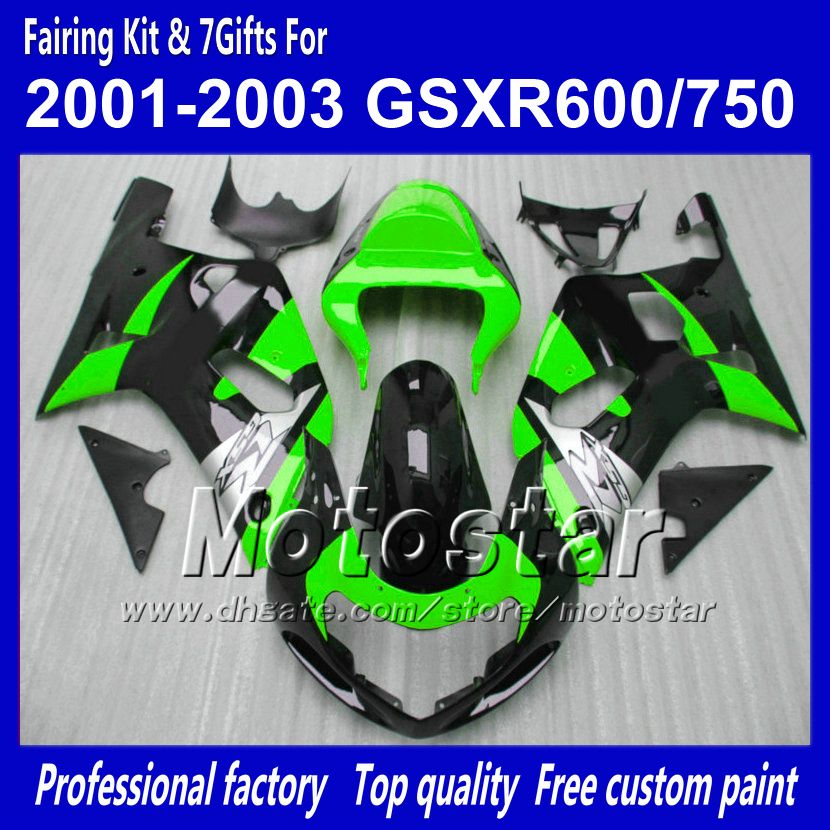 Kroppsarbete Fairings för Suzuki GSXR 600 750 K1 2001 2002 2003 GSXR600 GSXR750 01 02 03 R600 R750 Glansig Svart Green Fairing