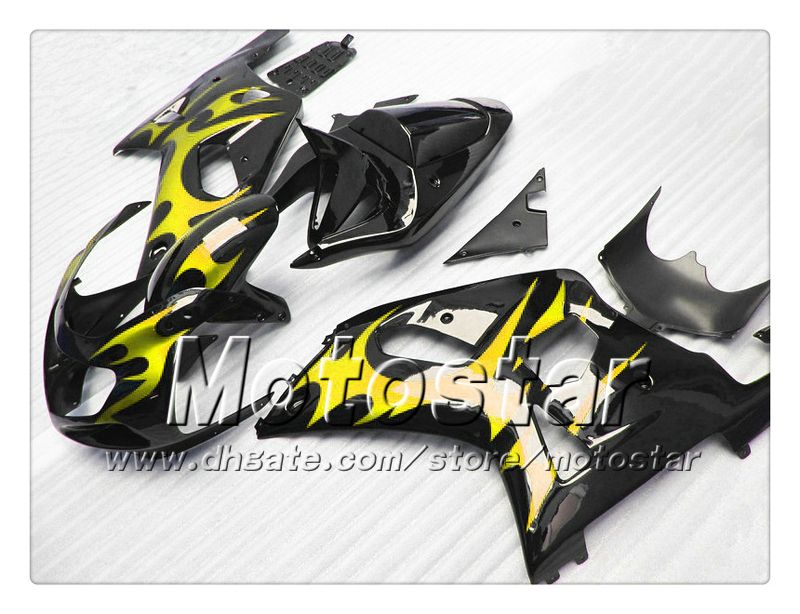 carenagens carroçaria para SUZUKI GSXR 600 750 K1 2001 2002 2003 GSXR600 GSXR750 01 03 R600 R750 chama amarela na carenagem ABS preto