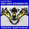 Carrosseriebereiken voor Suzuki GSXR 600 750 K1 2001 2002 2003 GSXR600 GSXR750 01 03 R600 R750 Gele vlam in zwarte ABS-kuip