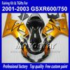 Bodywork Fairings för Suzuki GSXR 600 750 K1 2001 2002 2003 GSXR600 GSXR750 01 02 03 R600 R750 ABS plastfeoking RR10