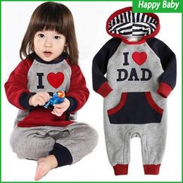 wholesale 3pces/lot I Love MOM DAD Baby Autumn hooded romper Grow Long Sleeve Bodysuit Jumpsuit Outwear children clothing