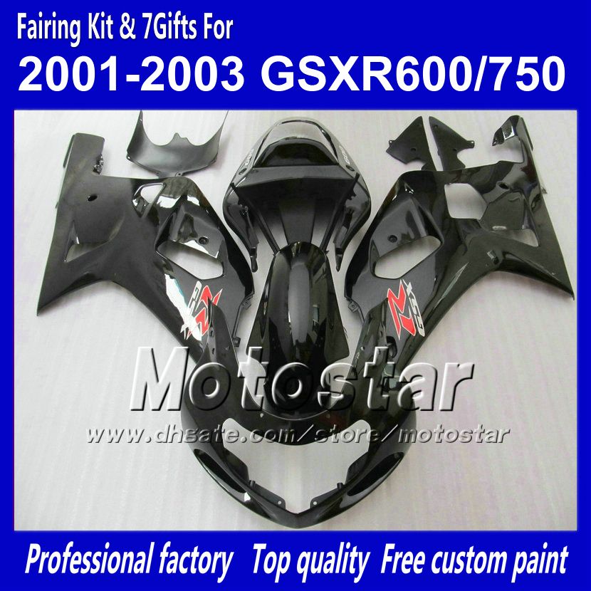 Bodywork Fairings för Suzuki GSXR 600 750 K1 2001 2002 2003 GSXR600 GSXR750 01 02 03 R600 R750 Glansig Svart Fairing Set RR15