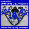 Carrosserieback voor Suzuki GSXR 600 750 K1 2001 2002 2003 GSXR600 GSXR750 01 02 03 R600 R750 Glanzend Donkerblauw Corona Fairing Set RR36