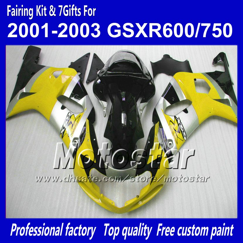 SUZUKI GSXR 용 페어링 600 750 K1 2001 2002 2003 GSXR600 GSXR750 01 02 03 R600 R750 광택 옐로우 블랙 페어링 세트 RR45