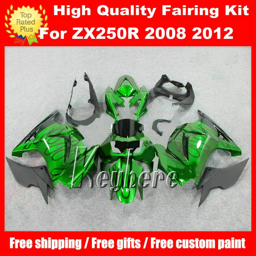 Kit de carénage 7 cadeaux gratuit pour Kawasaki Ninja ZX250R 08 09 10 11 12 EX250 250R 2008 2009 2010 2011 2012 G3m carénages noir flammes corps vert