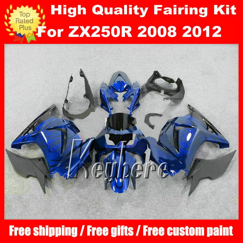 Kostenlose 7 Geschenke Verkleidung Kit für Kawasaki Ninja ZX250R 08 09 10 11 12 EX250 250R 2008 2009 2010 2011 2012 G6m Verkleidung schwarze Flammen in blauen Körper
