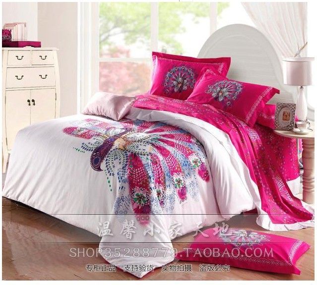 Peacock Bird Feather Hot Pink Bedding Sets Queen Size Duvet Cover