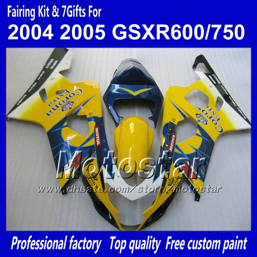 7 gifts bodywork fairings for SUZUKI GSXR 600 750 K4 2004 2005 GSXR600 GSXR750 04 05 R600 R750 yellow blue Corona ABS fairingTT29