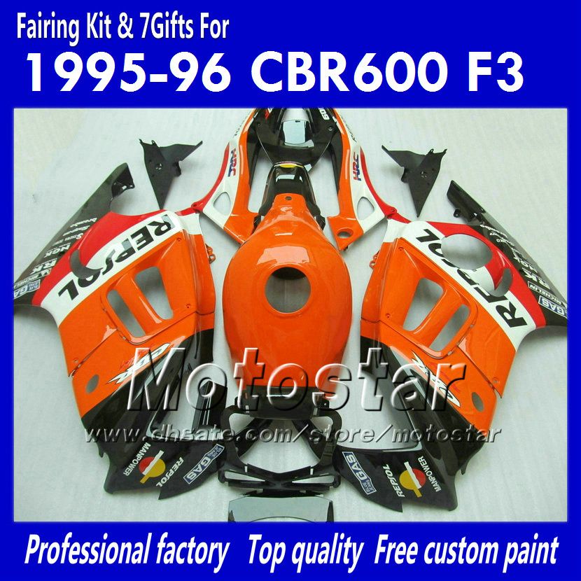 7 presentes carenagens para Honda CBR600F3 95 96 CBR600 F3 1995 1996 CBR 600 F3 95 96 de laranja brilhante cusom carenagens kit TT86
