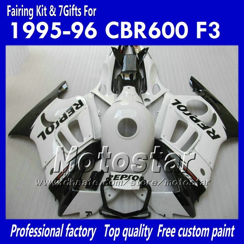 

7gifts aftermarket fairings for HONDA CBR600F3 95 96 CBR600 F3 1995 1996 CBR 600 F3 95 96 glossy white black Repsol fairing, Multi-color