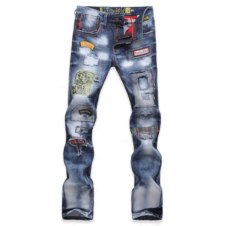 TOP Mens Jeans Fashion Torn Jeans Patched Holey Washed Words Straight ...