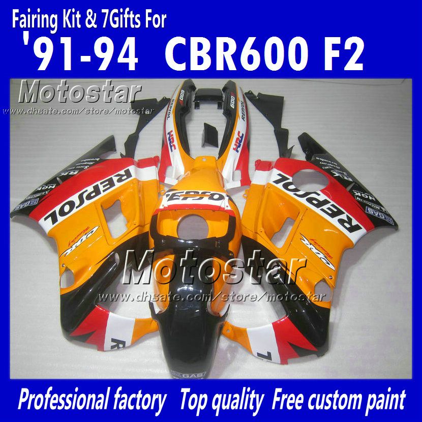 Motocycle fairings for HONDA CBR600 F2 91 92 93 94 CBR600F2 1991 1992 1993 1994 CBR 600 orange black Repsol custom fairings
