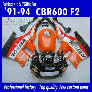 Carenagens de Motocycle para HONDA CBR600 F2 91 92 93 94 CBR600F2 1991 1992 1993 1994 CBR 600 laranja preto Repsol carenagens personalizadas UU29