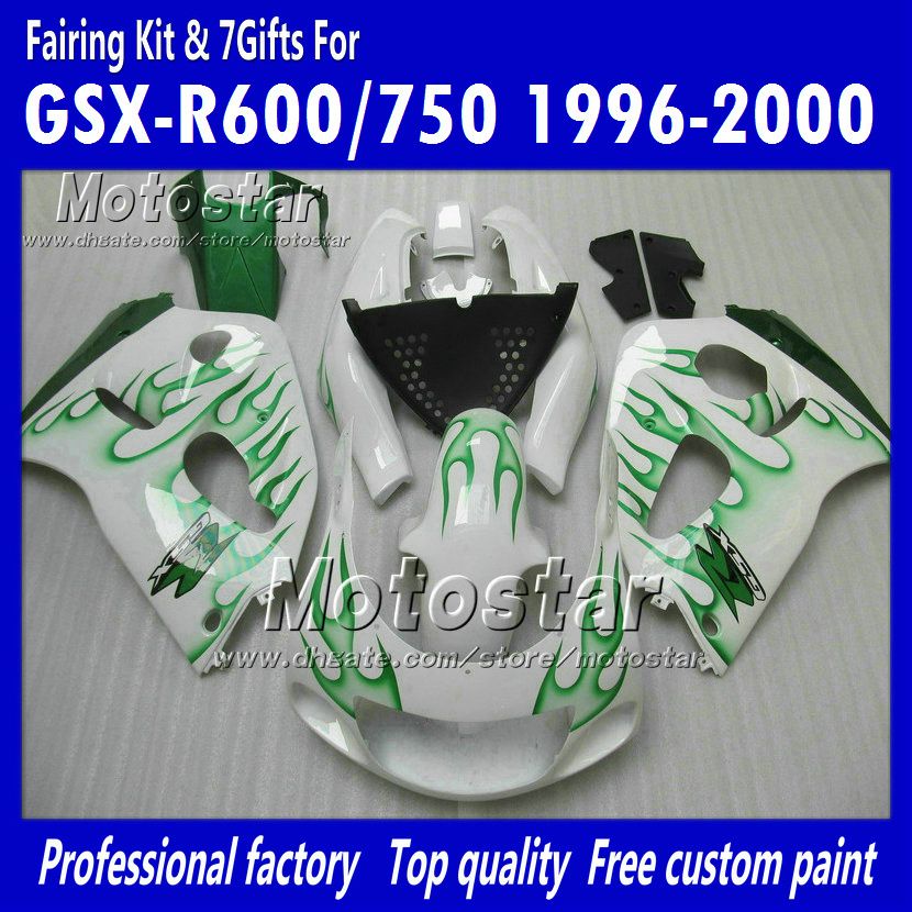 흰색 motocycle fairings의 사용자 지정 녹색 불꽃 UU67 1996 1997 1998 1999 2000 suzuki GSXR600 GSXR750 GSXR 600 750 96 97 98 99 00 96-00