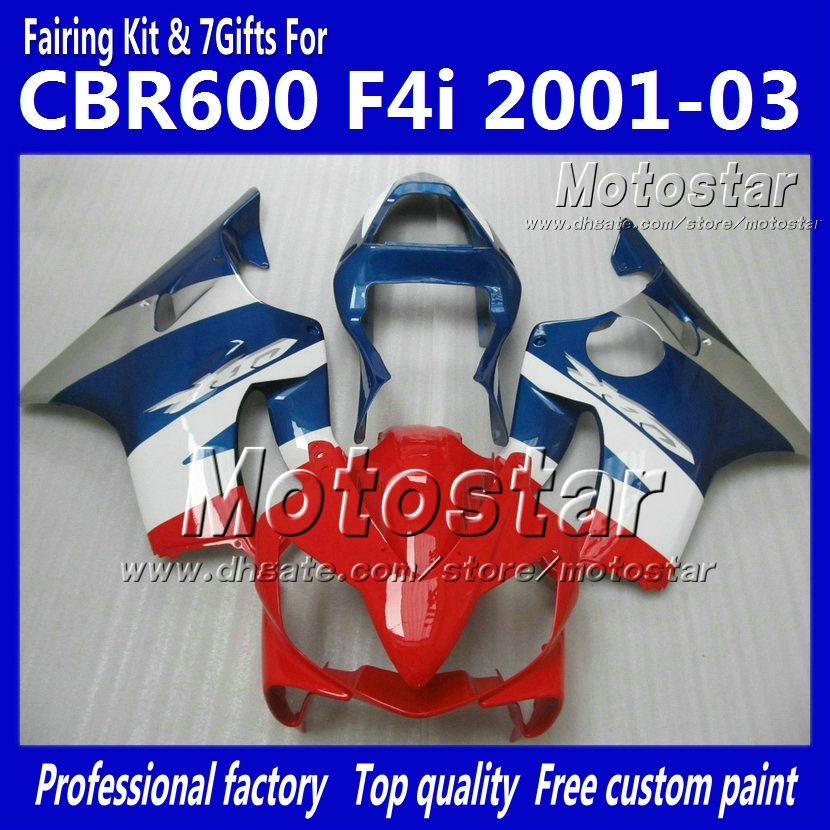 ホンダCBR600F4Iの安いフェアリング01 02 03 CBR600 F4I CBR 600 F4I 2001 2002 2003光沢のある赤青色噴射モーターサイクルフェアリングキット