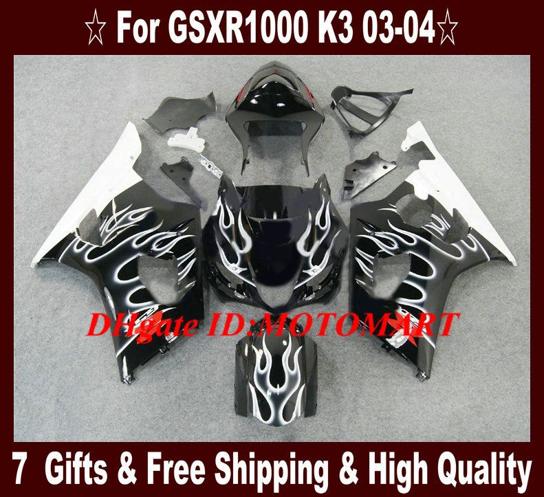 Molde de inyección para SUZUKI GSXR1000 2003 2004 Kit de carenado GSX R1000 GSXR 1000 K3 03 04 carenados de llamas blancas negras + 7 regalos SU21