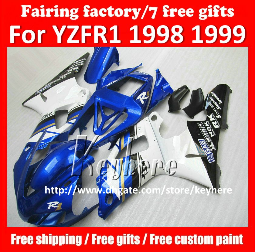 Gratis 7 regali Kit carena personalizzata per yamaha YZF R1 1998 1999 YAZR1 98 99 YZF1000R YZF-R1 carene g7q parti di moto nero blu bianco caldo