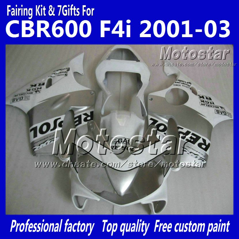 Carroçaria de injecção para HONDA CBR600F4i 01 02 03 CBR600 F4i CBR 600 F4i 2001 2002 2003 branco prateado Repsol carenagem