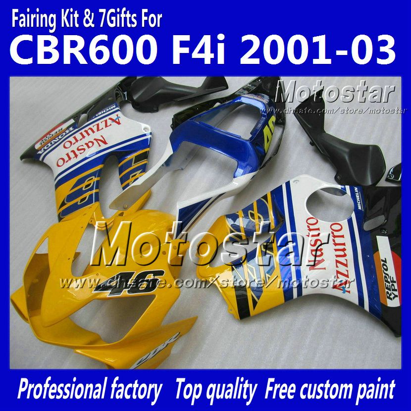 7 Regali carene carrozzeria per HONDA CBR600F4i 01 02 03 CBR600 F4i CBR 600 F4i 2001 2002 2003 carenatura giallo blu lucido