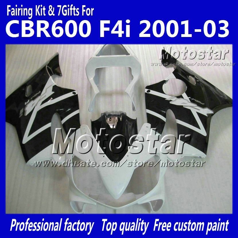 7 Gifts Fairings Bodywork dla Honda CBR600F4I 01 02 03 CBR600 F4I CBR 600 F4I 2001 2002 2003 Błyszczący Biały Czarny Owchę VV26