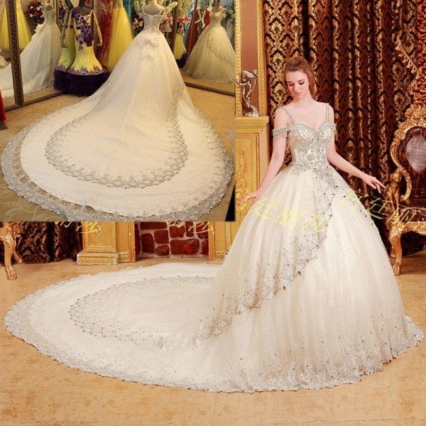 New Bling Bling Noble Chapel Chiffon Bead Sequin Crystal Lace Up Portrait Bridal Gown Wedding Dress