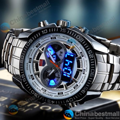 TVG Luxury Men's Sports Watches Fashion Clock Stainless Steel Watch LED Digtal Watches Men 30AM Waterproof Wristwatch Relogio Masculino