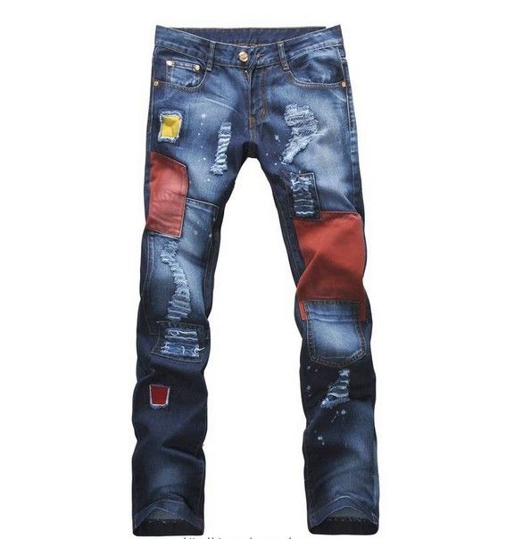 Mens Jeans Fashion Torn Jeans Patched Ripped Holey Straight Leg Slim