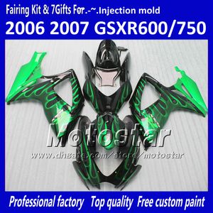 Injektionsgjutningsfeedningar för Suzuki 2006 2007 GSXR 600 750 K6 GSXR600 GSXR750 06 07 R600 R750 Grön flamma i svart fairing kit