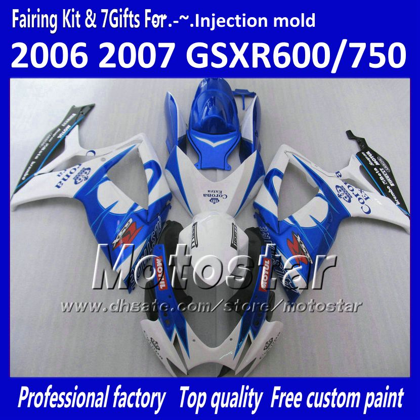 Injektionsgjutning Fairings Body for Suzuki 2006 2007 GSXR 600 750 K6 GSXR600 GSXR750 06 07 R600 R750 Vit Blå Corona Fairing WW56