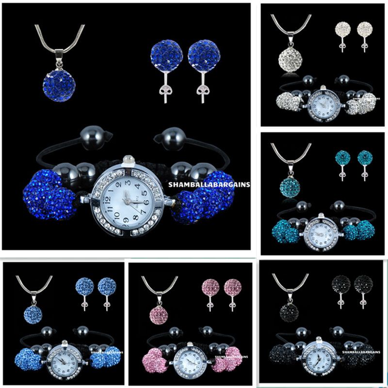 925 silver 10mm Shambhala beads jewelry set hot style Micro Pave Disco Crystal Ball Necklace & stud & watch ////