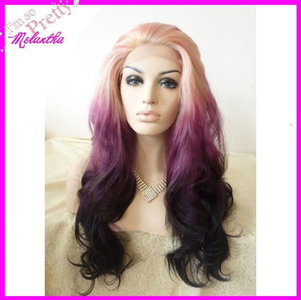 Synthetic Lace Front Wigs Three Tone Ombre Hair Color Purple Body Wave