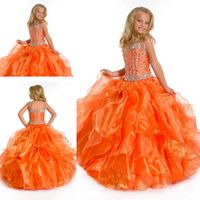 Satılık! Moda turuncu renk çocuklar kat uzunluk uzun organze boncuklu kare küçük kızın yarışmasında elbiseler ZFD-026