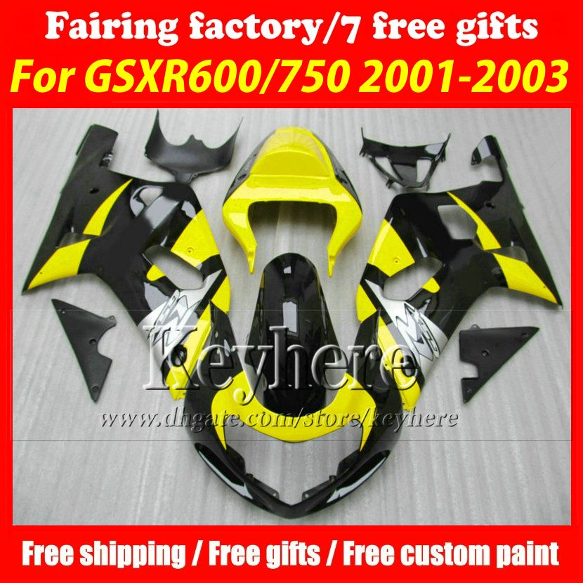 Gratis 7 gåvor Fairing Kit för SUZUKI GSXR600 01 02 03 GSX R600 R750 2001 2002 2003 GSXR 600 750 K1 Fairings R9D Gul svart silver karosseri