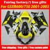 Gratis 7 geschenken Fairing Kit voor Suzuki GSXR600 01 02 03 GSX R600 R750 2001 2002 2003 GSXR 600 750 K1 BIJGELIJKHEID R9D Geel Zwart Zilver Carrosserie